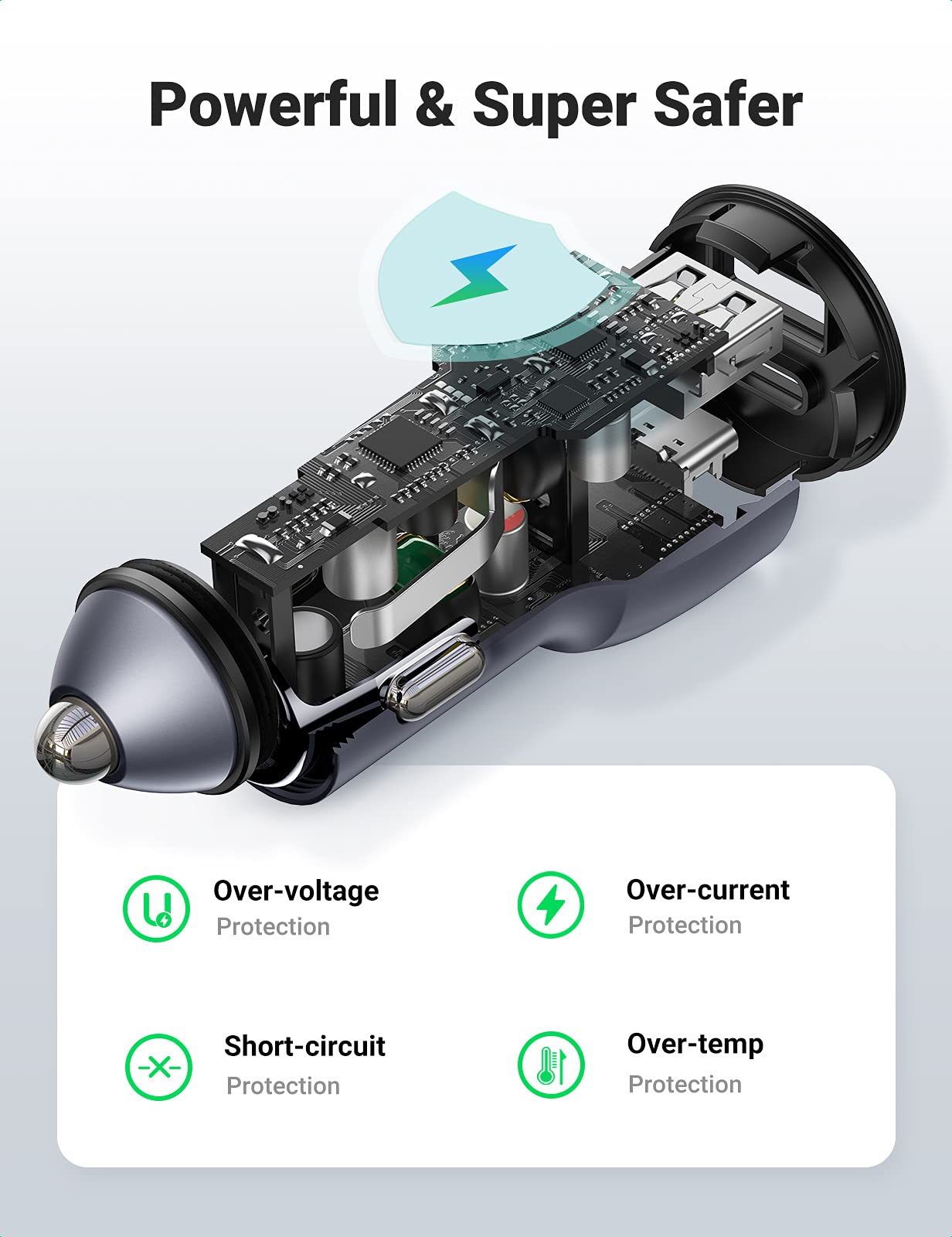 Ugreen 52.5 W Çift Port USB C-USB A PD-QC Hızlı Araç Şarj Cihazı