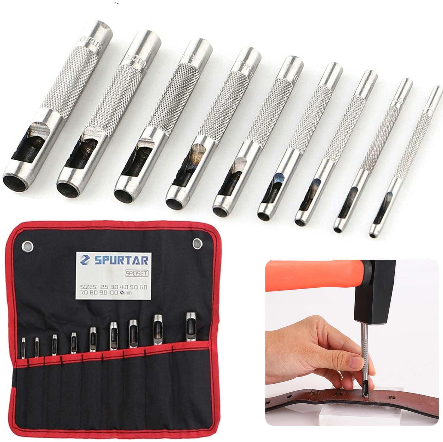 Spurtar 9 Pcs Steel Hollow Punch Set 2.5-10mm Heavy Duty Round Leather Hole Punching Tool for Watch Cloth Belt Gaskets w/Storage Bag