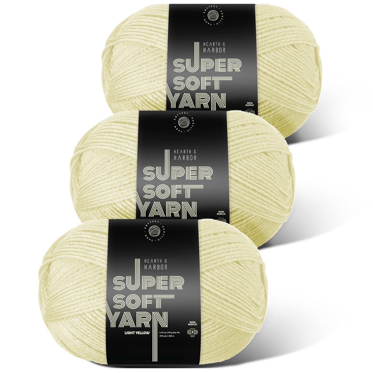 Acrylic Yarn for Crocheting &amp; Knitting – Soft Crochet Yarn for Crocheting, 3 Pack of 370 Yards, Perfect for Crafts &amp; Amigurumi, Medium Worsted Weight 4, Light Yellow