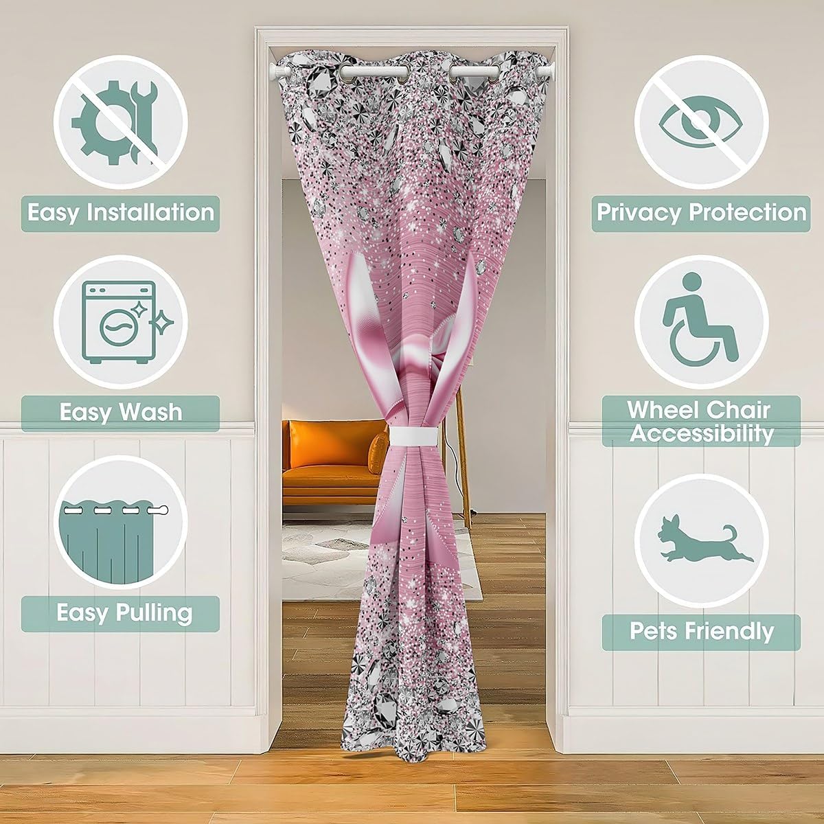 Cute Ribbon Bowknot Door Curtain for Door Window,Grey Diamond Bowknot Blackout Curtains for Bedroom 37"x80",Princess Bow Watercolor Bow Kawaii Geometric Bow-Tie Doorway Curtains Pink Dorm Decor