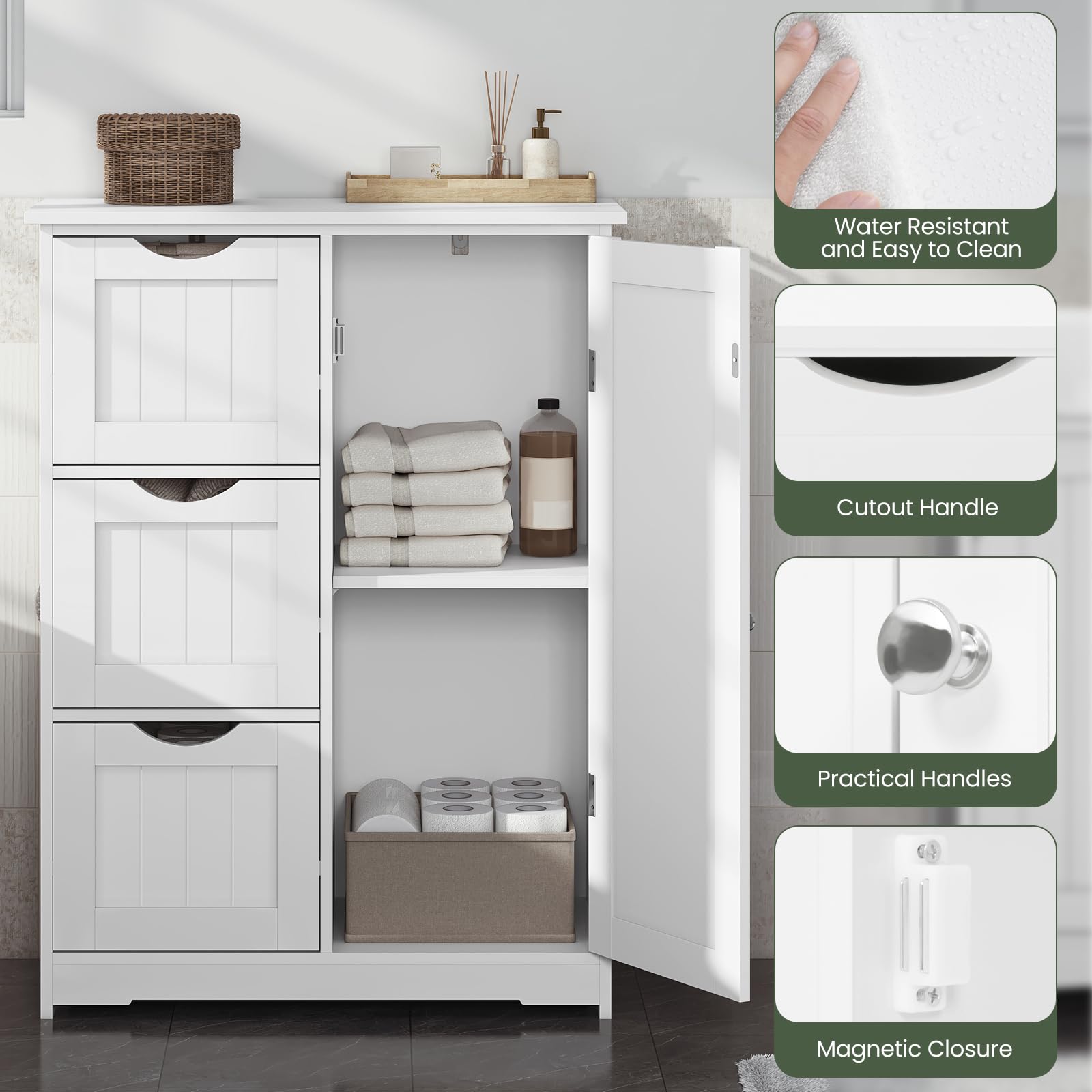 EUGAD Badezimmerschrank Weiß Kommode mit Schubladen für Badezimmer,Badschrank Schmal Schrank 30cm Tief for Wohnzimmer Küche Badezimmer 60 cm Breit