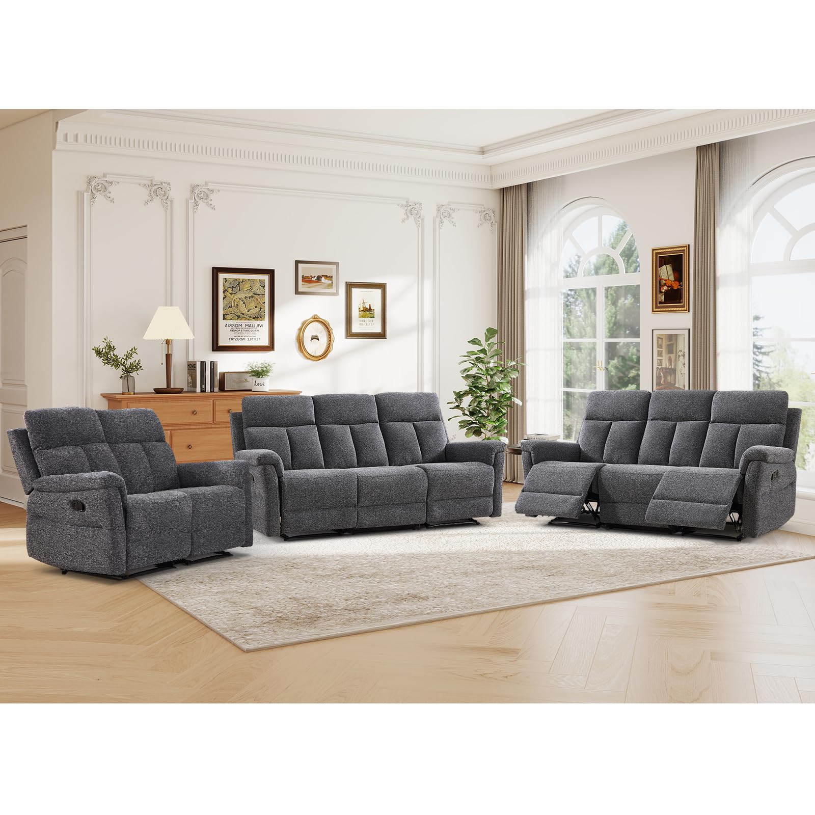 ANJ 3-Piece Manual Recliner Sofa Set, Reclining Loveseat and Two 3-Seat Sofas with Overstuffed Backrest and Supportive Backrest, Fabric Reclining Couch Set for Living Room, Dark Grey