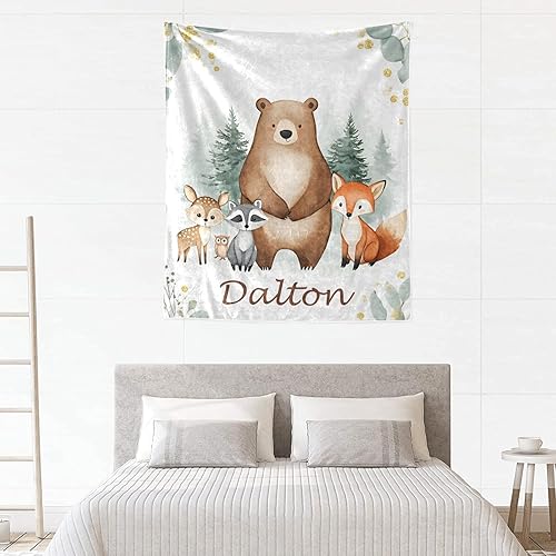 Miniatura 4 de Manta personalizada de vellón para niños con nombre, manta de bebé personalizada con animales del bosque, para cama, regalo de cumpleaños, baby