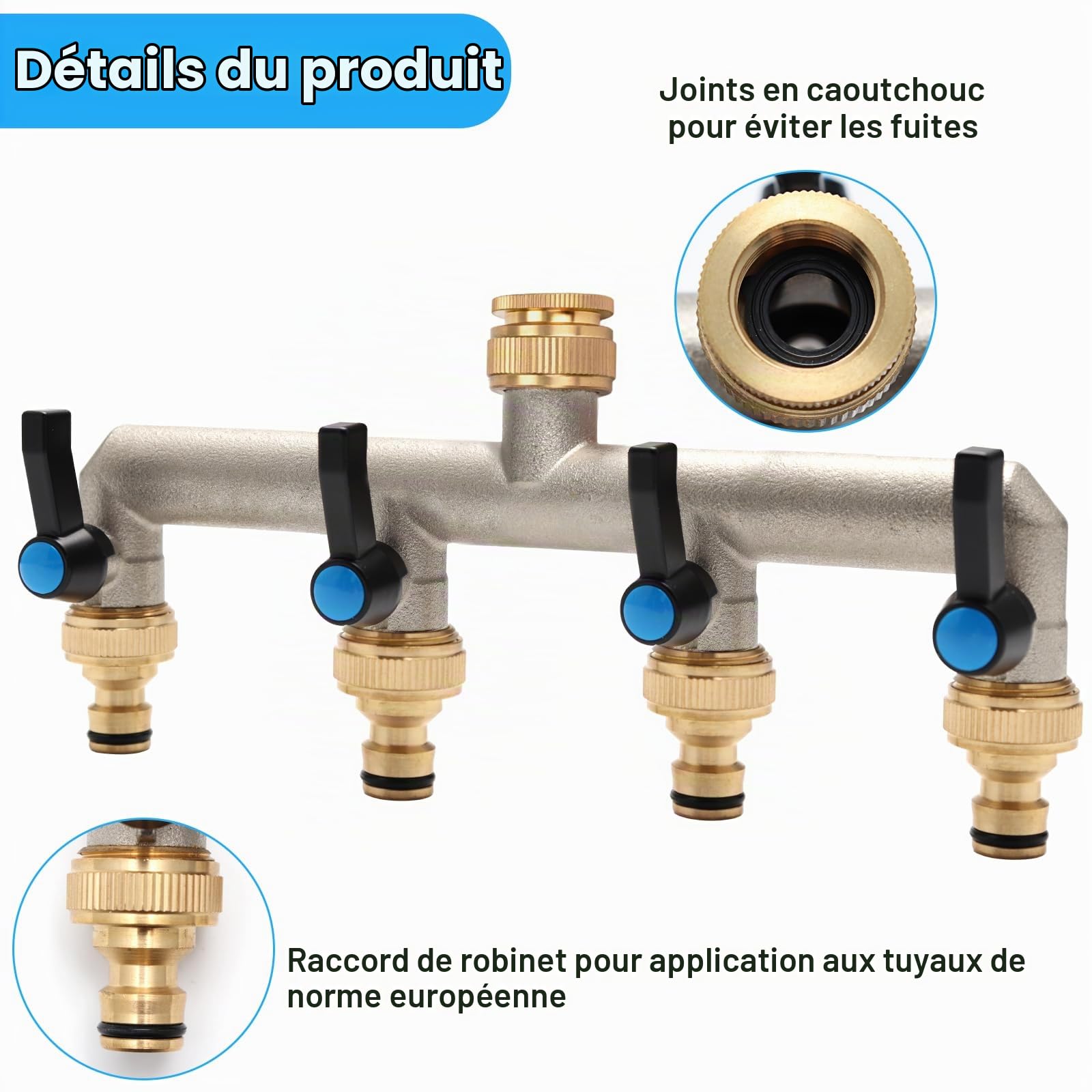 Distributeur d'eau à 4 voies en laiton, adaptateur de 3/4" avec 4 raccords de robinet de 3/4" à 1/2" pour maison, cour, machine à laver