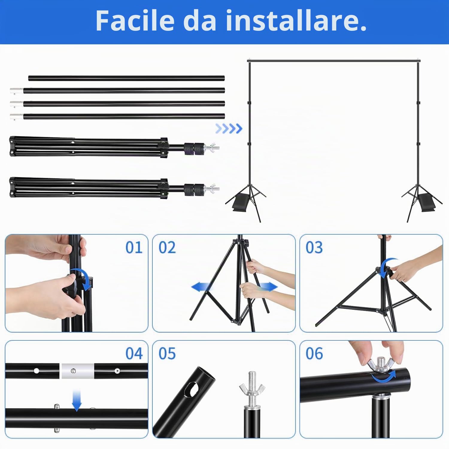Supporto Fondale Fotografico 2,1 x 3 m, Supporto per Sfondo Fotografico, Kit di Sfondo Regolabile con 8 Morsetti, 2 Sacchi di Sabbia, 1 Borsa per il Trasporto, per Studio Fotografico, Ritratto