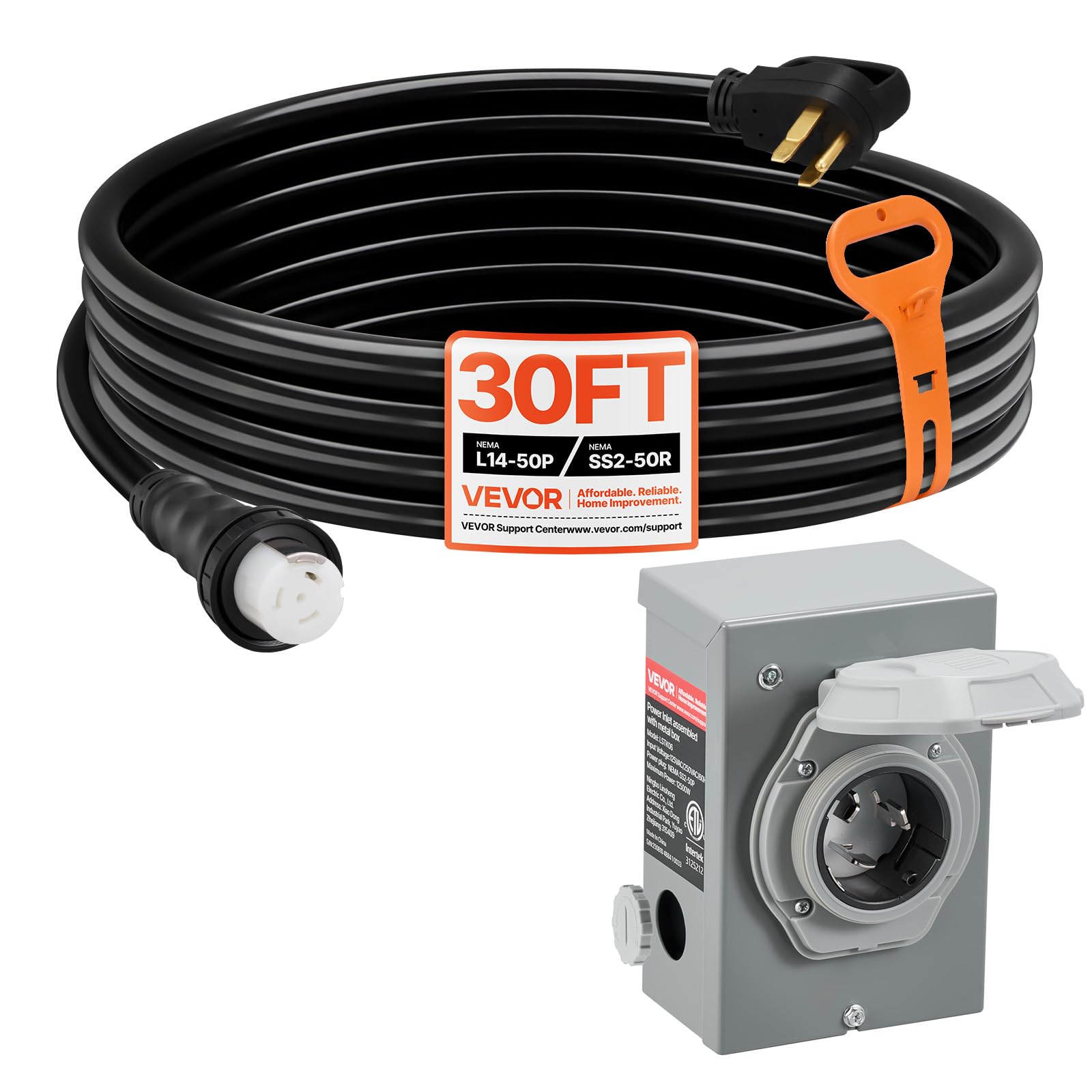 VEVOR 50 Amp Generator Cord and Power Inlet Box, 30FT, 125V/250V STW 6/3 + 8/1 AWG Extension Power Cord, NEMA 14-50P to SS2-50R, Twist Lock Connector, Inlet Box Kit, for Generator to House, ETL Listed