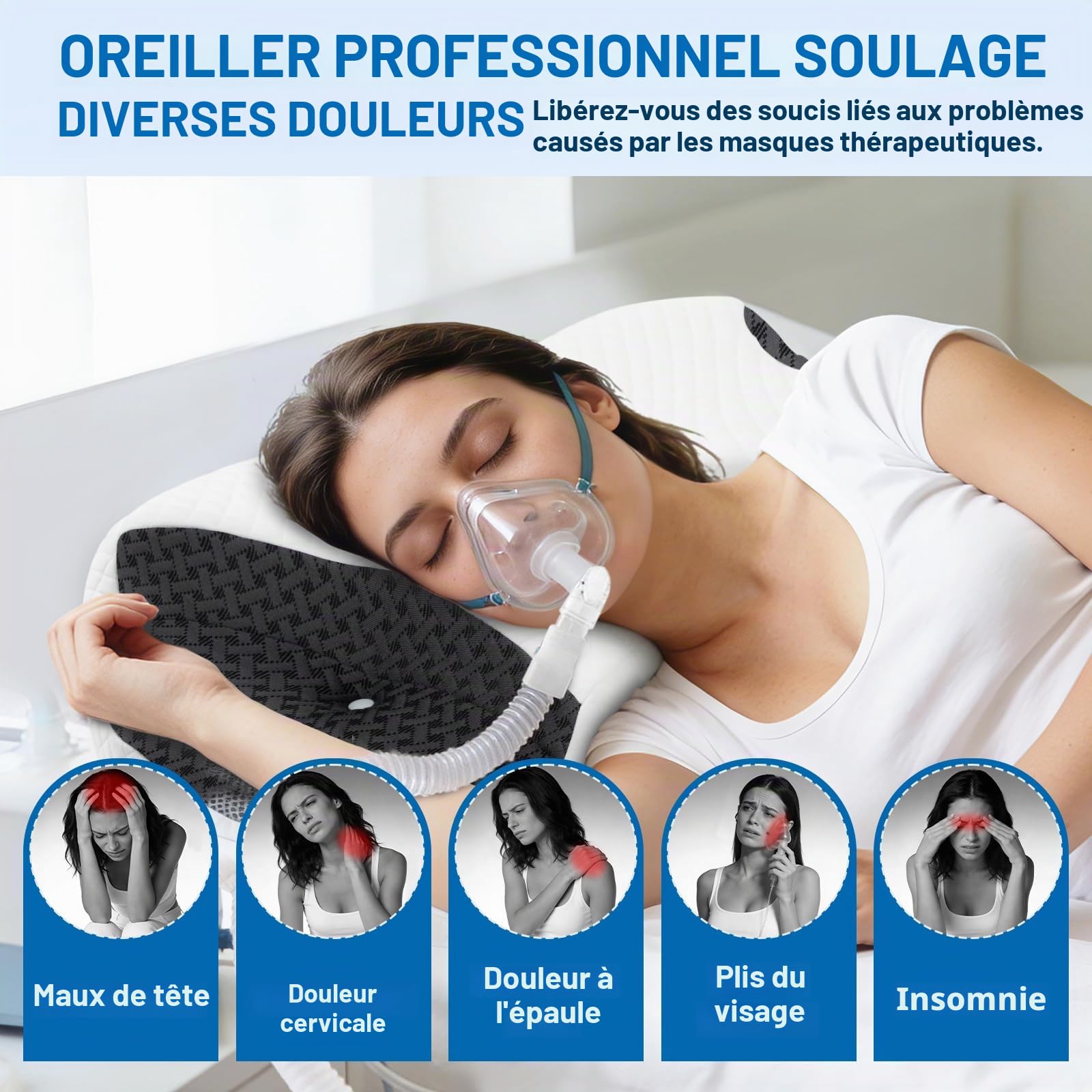 Oreiller CPAP pour Dormeurs sur Le Côté, Noir, 70x40x10/12.5cm