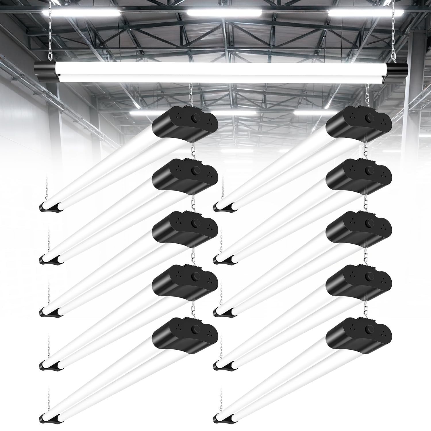 Ankishi 10Pack 4FT Led Batten Light, 40W 6500K Plug in Ceiling Light Led, 5000LM Workshop Lighting for Garage, Office, Bedroom, Living Room,Wall, Kitchen, Shed, Outdoor（Black ）