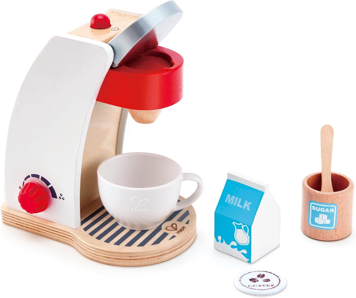 Hape Wooden White Coffee Maker Kitchen Set with Accessories| Pretend Play Toy Set for Kids Ages 3 Years & Up