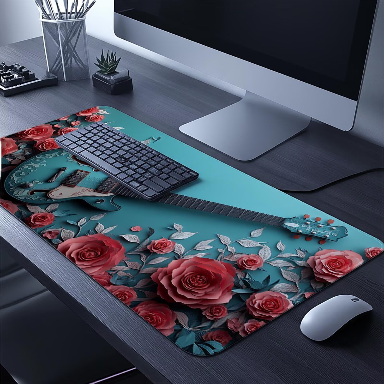 Wodoodporna podkładka pod mysz w kwiaty podkładka pod mysz do gier z antypoślizgową gumową podstawą szyte krawędzie, podkładka pod mysz Gitara do laptopa Klawiatura Deco Biuro Prezent dla mężczyzn 60