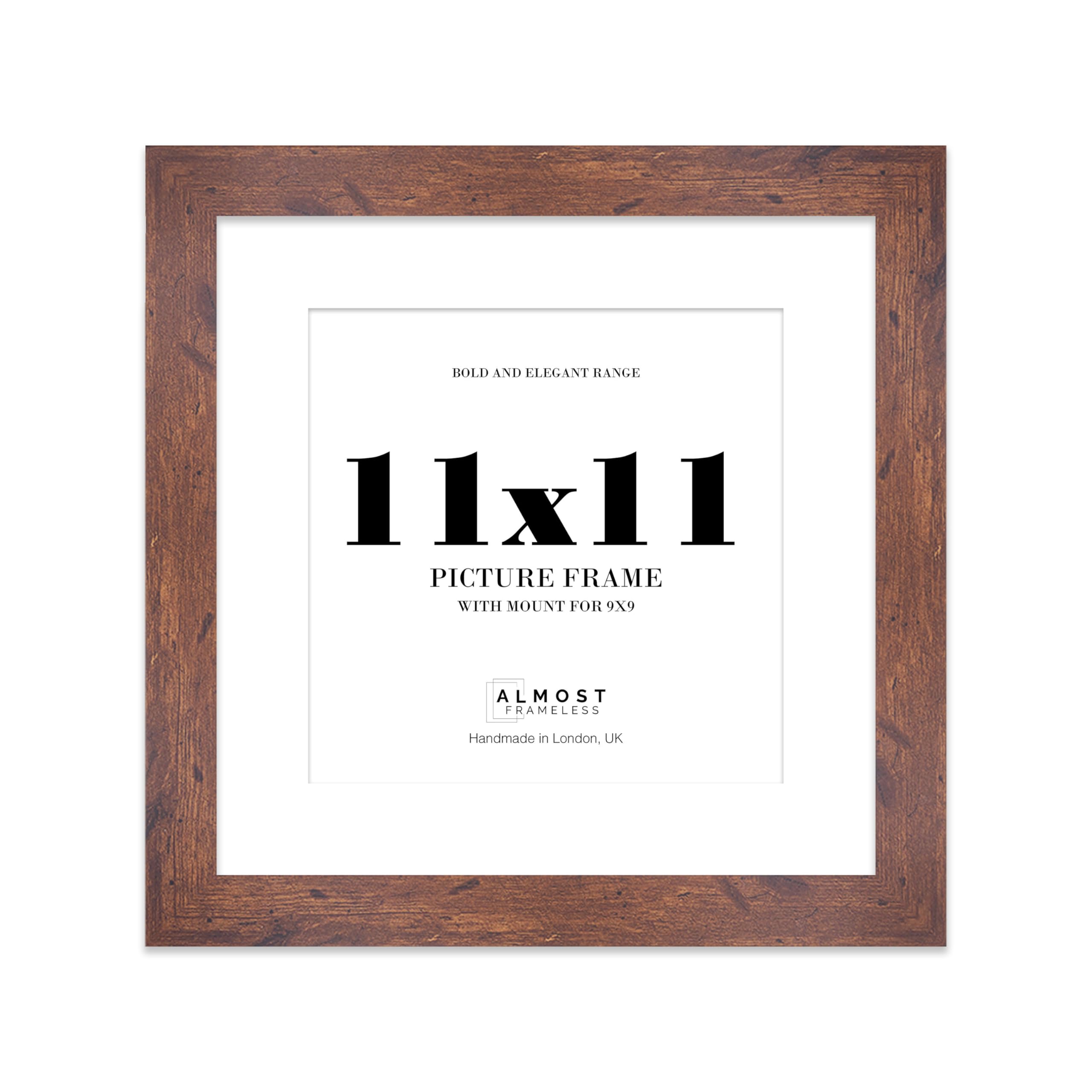 11x11 Rustic Wood Square Frame With Mount for 9x9 Pictures 28mm Edge Frame Display with Wall Hooks and Kickstand, 1 Pack