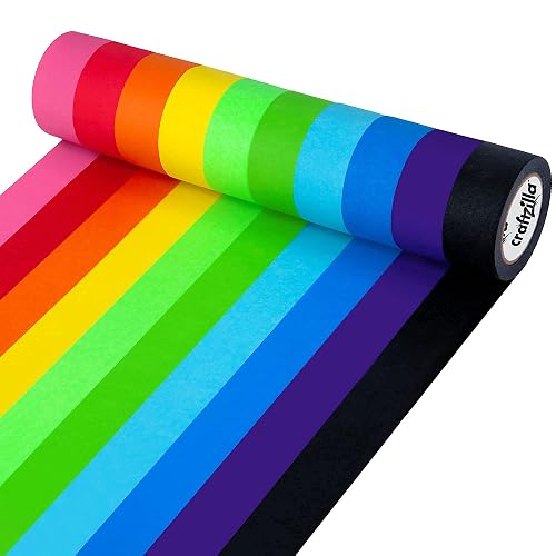 Craftzilla Colored Masking Tape & Painters Tape, 10 Rolls, 1 in x 10 Yds | 10 Vibrant Rainbow Tape Rolls for Arts & Crafts, Labeling & Coding, Kid-Safe, Ideal for School, Home & Teacher Supplies
