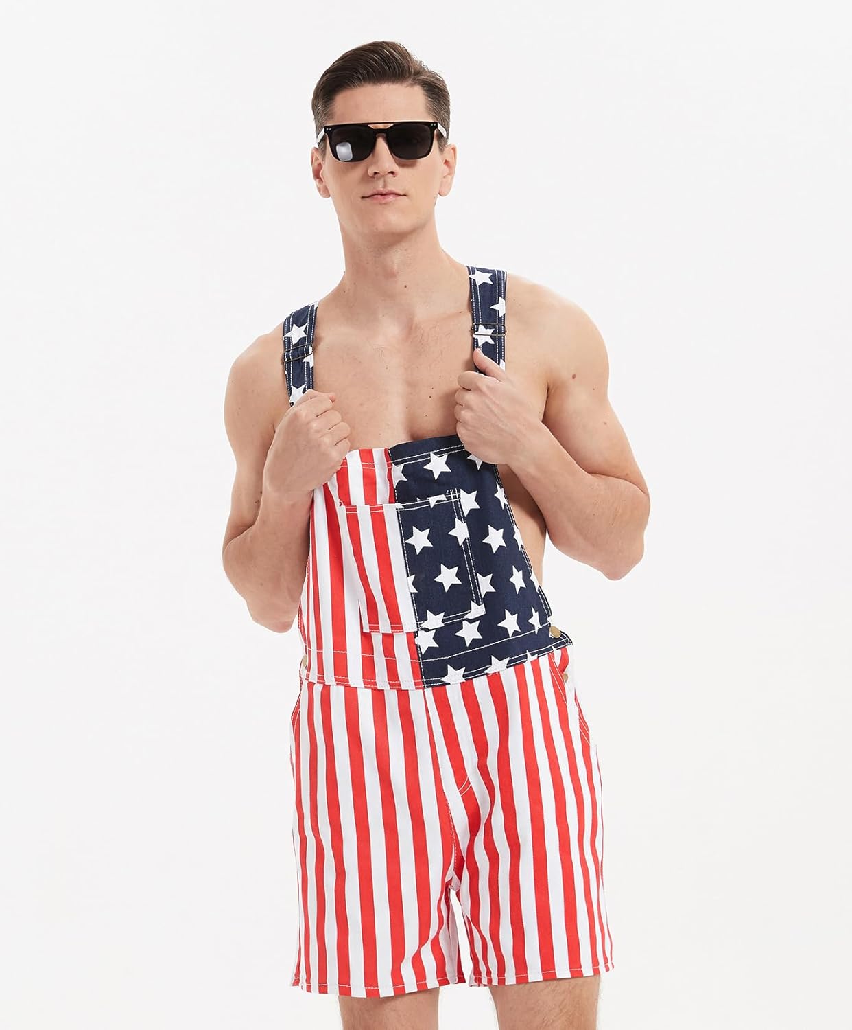 American Flag Overalls Denim Bib Shorts for Men And Women 4Th of July Denim Shortalls Adjustable Jean Jumpsuit Shorts