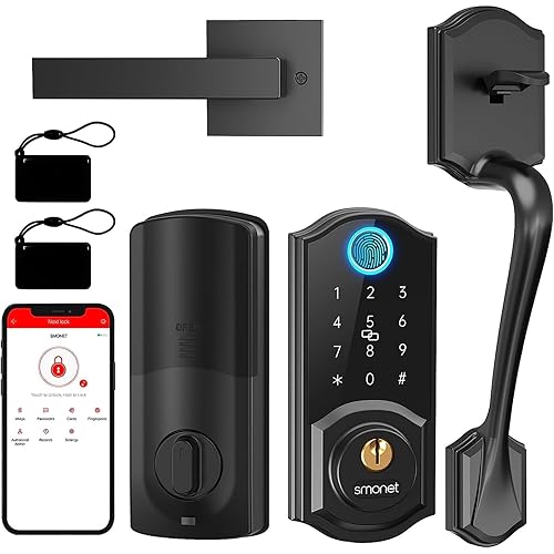 Smart Lock Front Door, SMONET Keyless Entry Door Lock with Handle, Smart Front Door Lock Set Fingerprint Smart Deadbolt Bluetooth Electronic Digital Keypad Lock,Auto Lock Work with Alexa,Black