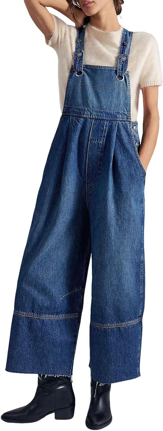 loveimgs Women Y2k Baggy Jean Bib Overalls Wide Leg Jeans Romper Adjustable Denim Jumpsuit Ankle Pants Boyfriend Patchwork