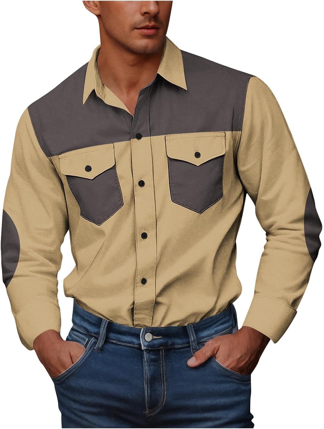 Mens Cowboy Shirts Western Long Sleeve Big and Tall Camouflage Print Work Shirt Button Down with Two Pockets Blouses