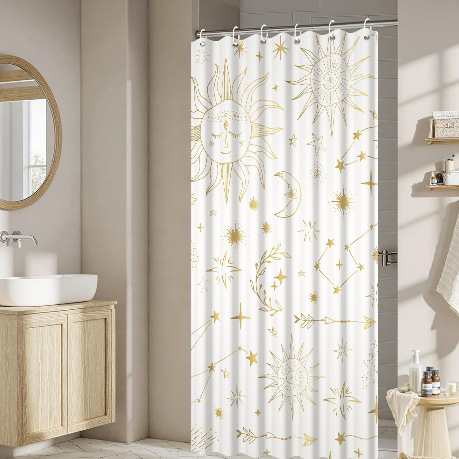 OERJU Abstract Shower Curtain Hand Drawn Yellow Sun Moon Stars and Fireworks on Navy Blue Backgrond Bath Curtain Waterproof Polyester Fabric Bathroom Decor Set with Hooks 72x72inch