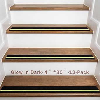 Dynta Anti Slip Traction Treads with Glow in Dark Stripe, 4" X 30", Stair Treads Non Slip Tape, 12 Pack, Waterproof, Skateboard Grip Tape, High Traction Friction, Abrasive Adhesive for Stairs