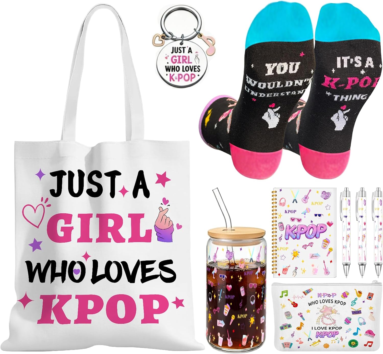 9 Pcs K-Pop Gifts Tote Bag Set K-pop Decor Just a girl who loves K-pop Room Decor Includes Tote Bag, Makeup Pouch, Glass Tumbler, Socks, Keychain for Kpop Music Fans | K-Pop Theme
