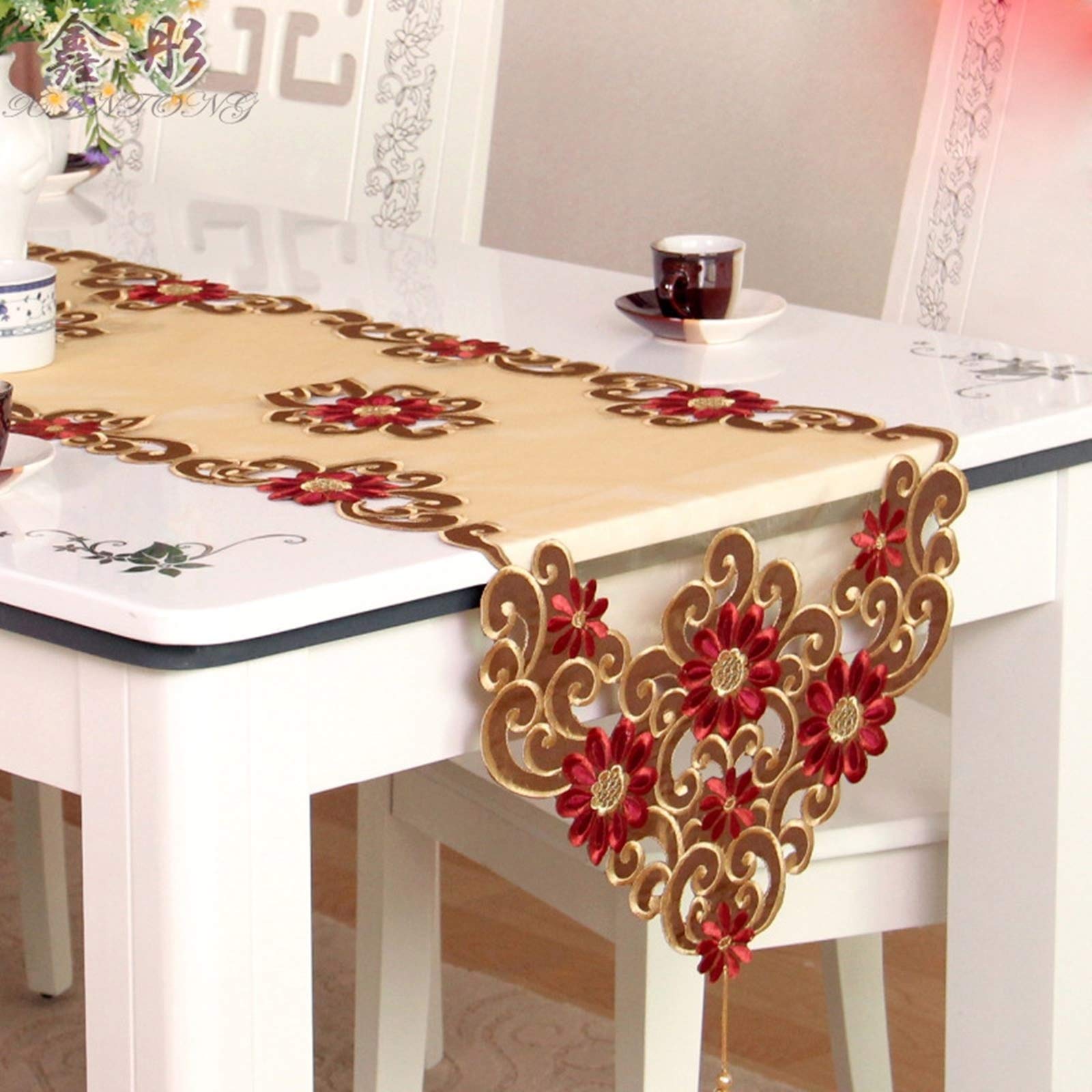 Tischläufer Polyester Wohnzimmer, Tischläufer Landhausstil 40x200 cm, mit Blumenstickerei