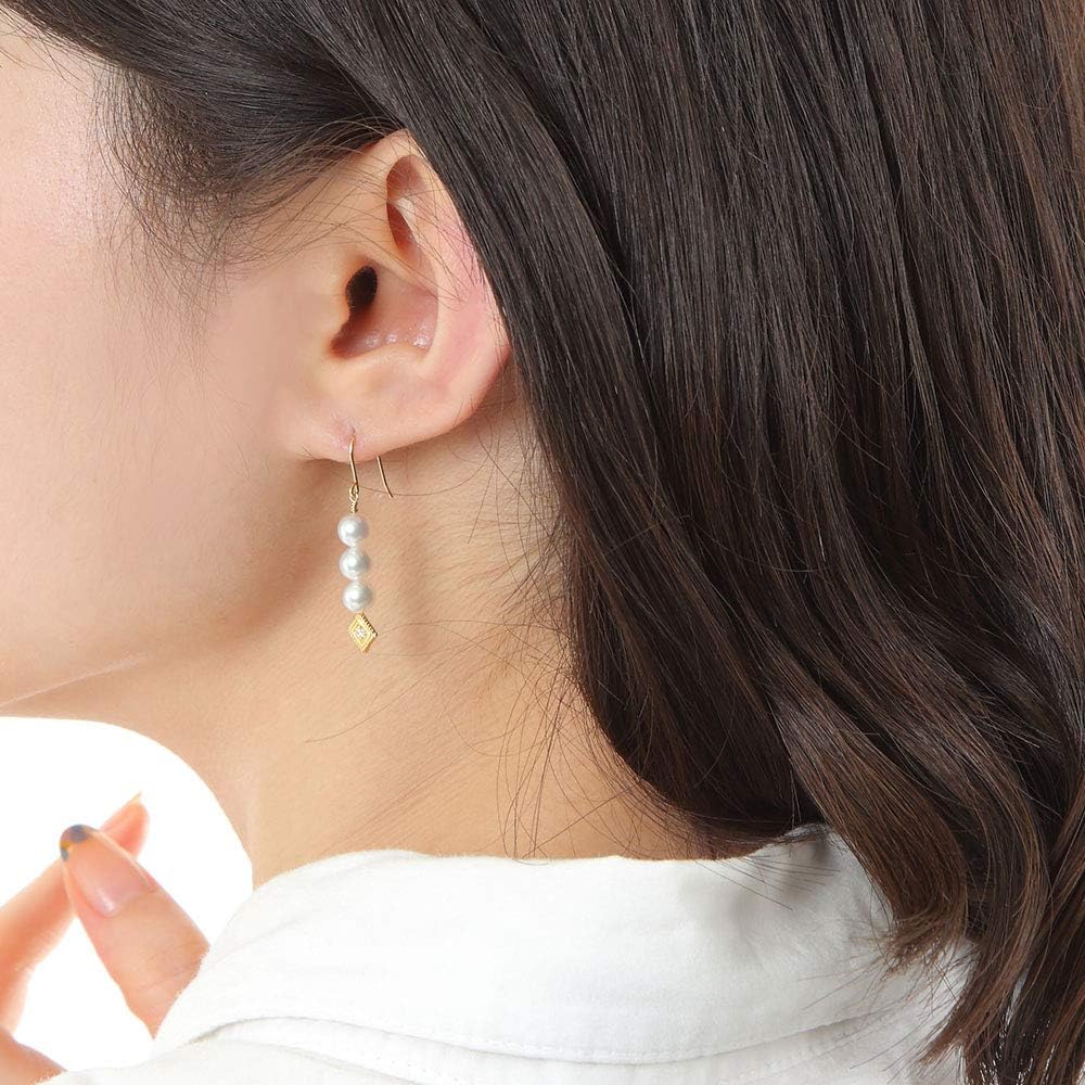 Moon Label Japanese 5.0mm Akoya Cultured Pearl with Diamond Dangle Earrings for Women with 18K Yellow Gold | Stylish Design Excellent Gift | Pearl Earrings