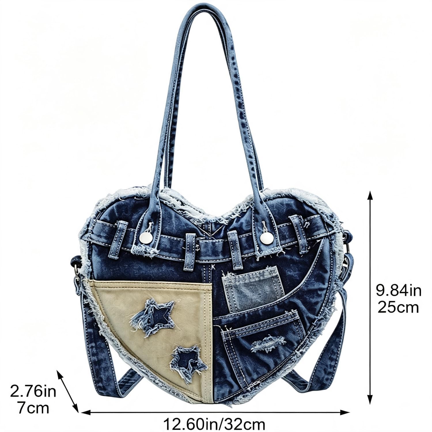 Borsa A Spalla Da Donna In Denim, Un'elegante Borsa Mano Forma Cuore Dal Sapore Rétro,Caratterizzata Design Patchwork Denim;Borsa Tracolla Stile Y2K, Perfetta Diverse Occasioni Casual