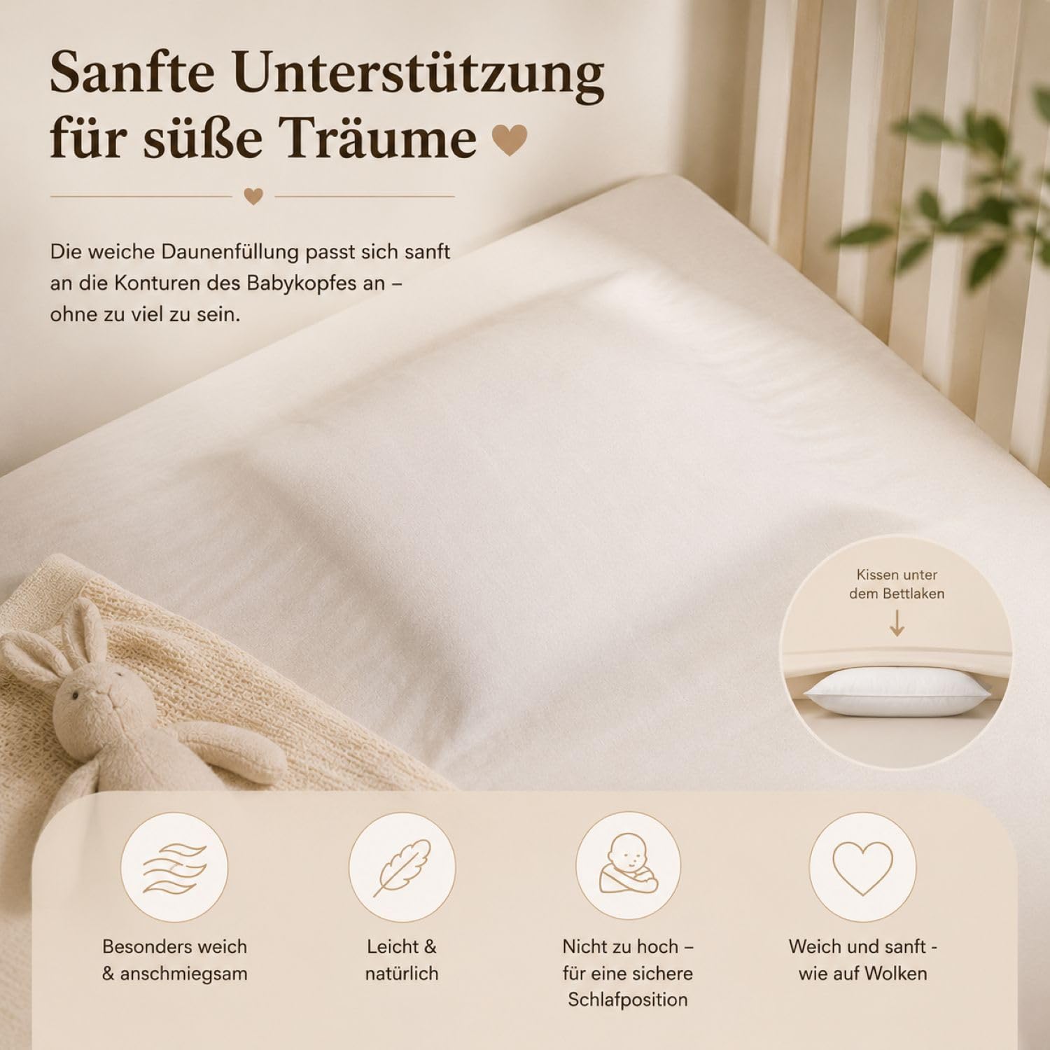 Betten Hofmann kuscheliges Baby Daunenkissen 35x40 cm, 30g Flachkissen, ungesteppt 100% Neue Daunen, waschbar, 100% Natur