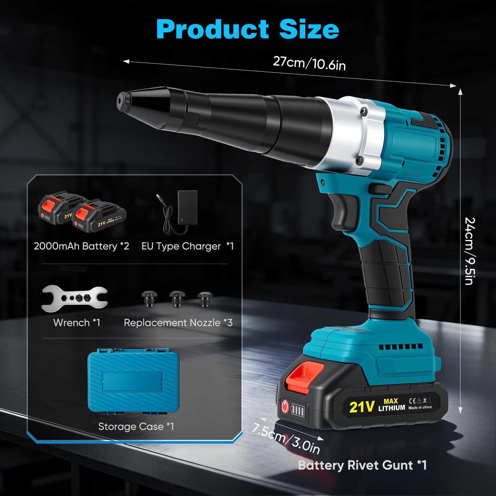 Herramienta de remache ciego con batería y motor sin escobillas, 2x baterías de 2000mAh, 3 boquillas para remaches de 2,4-5,0mm, luz LED para aplicaciones DIY y profesionales