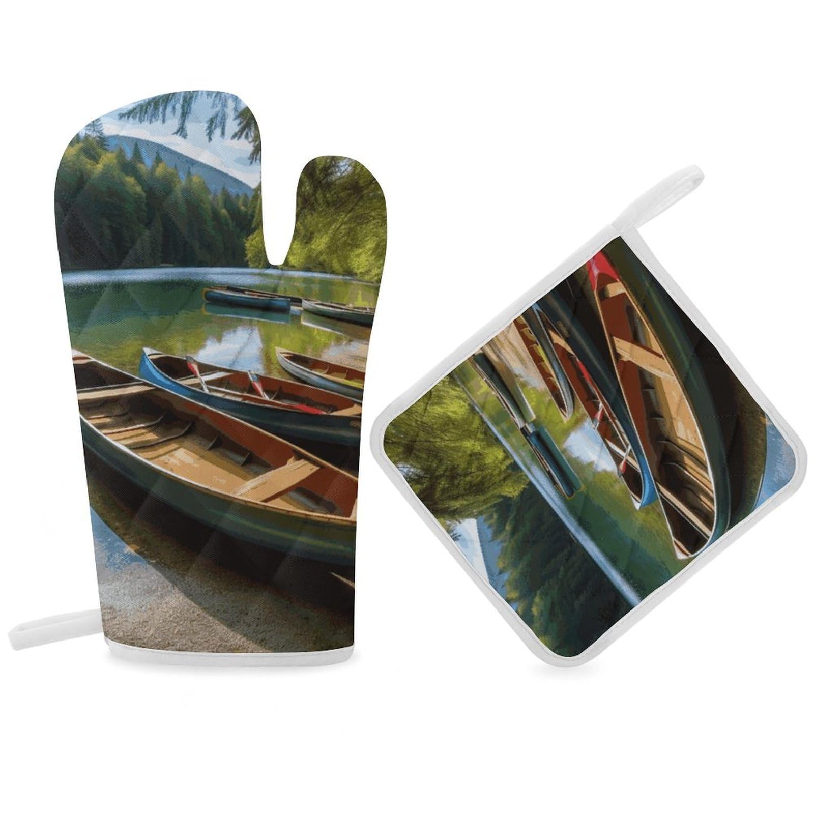 Lake with Boats Canoes Park Oven Mitt Thick Substantial Heat Insulation Gloves Soft Skin-Friendly Temperature Resistant Oven Mitts for Cooking Lover Cooks