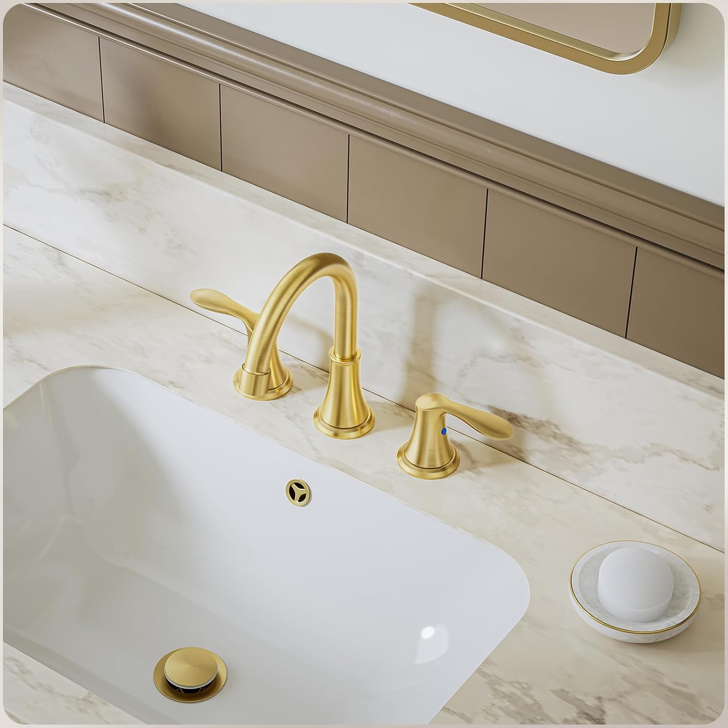 Phiestina Brushed Gold Widespread 8 Inch 3 Holes Bathroom Faucet，2 Handles Modern Bathroom Sink Faucet with Metal Pop-Up Drain & Water Supply Line, WFTY36-BG - Image 9