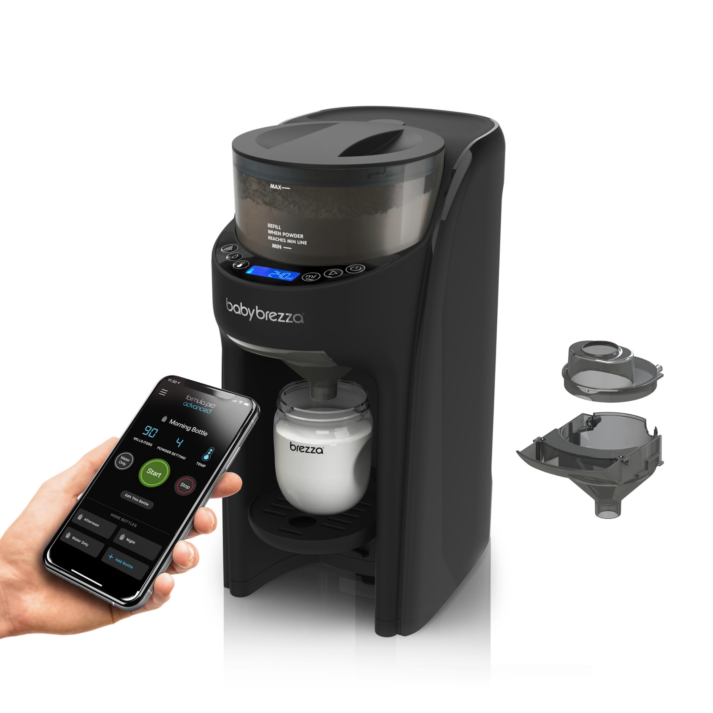 Baby Brezza Set automatischer Flaschenzubereiter WiFi, schwarz | App-Steuerung, inkl. extra Milchpulvertrichter, mischt Milchpulver & Wasser, Fernstart per Smartphone, 3 Temperaturstufen