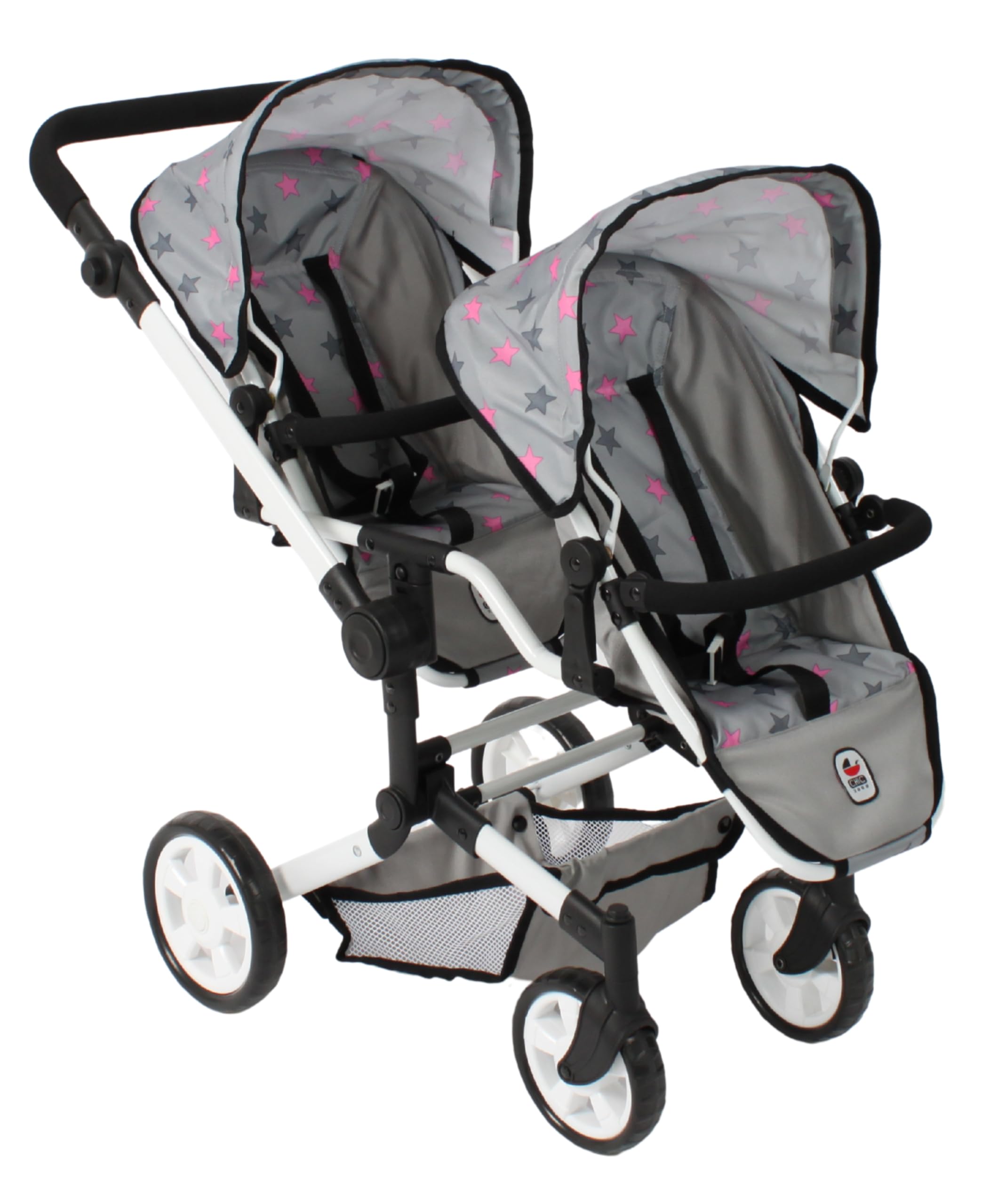 Bayer Chic 2000® Wózek dla lalek Linus Duo – gwiazdka szara – składany wózek dla lalek bliźniaczych – regulowany uchwyt 50-82 cm – lalki do 50 cm – 4-8 J.