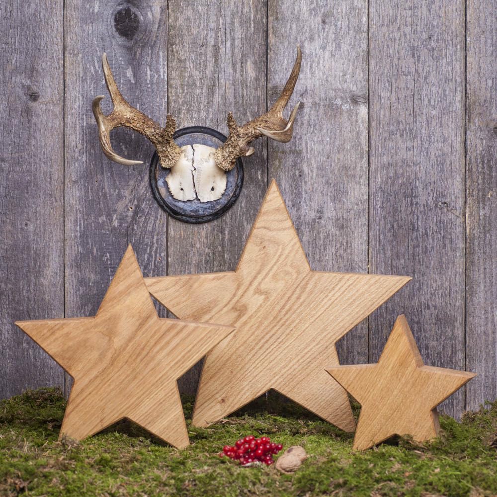 WOODS 3er Set Holzstern aus Eiche - mit Naturöl behandelt | handgefertigt in Bayern I Holzsterne zum hinstellen - Advent & Weihnachtsdeko Holz Dekoration I Holz-Stern 3er Set (20, 30 & 40cm)
