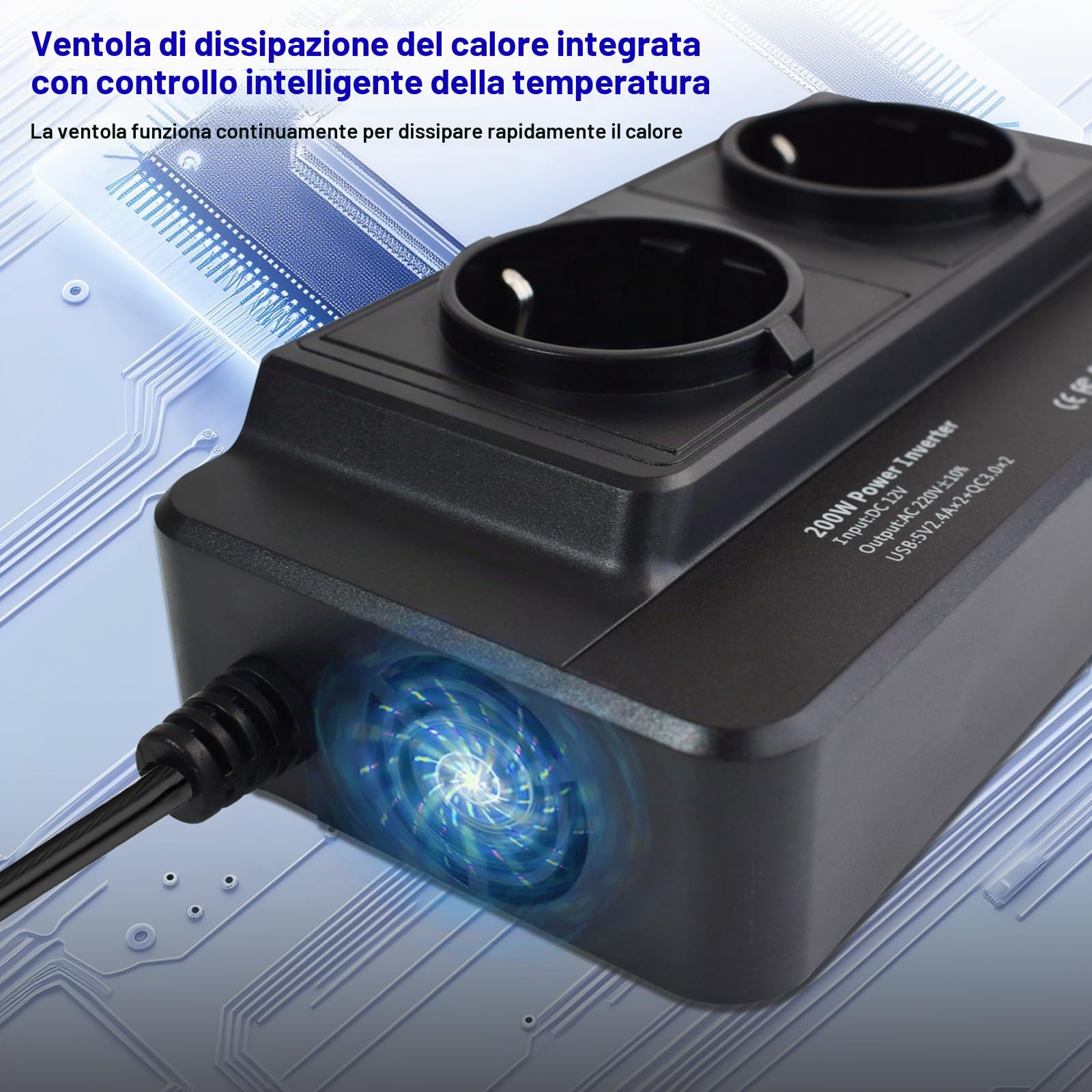 200W Inverter 12V a 220V Convertitore Potenza Onda Modificata - Ricarica Rapida, Protezione Multipla, 2 Prese CA, 4 Porte USB, Display Digitale per Auto, Camper, Campeggio, Lavoro in Movimento