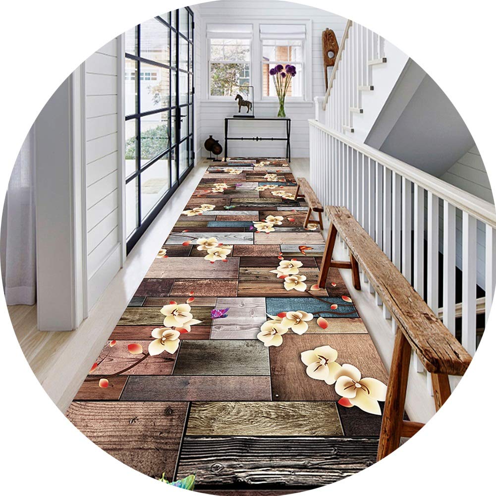 Tapis de passage anti-taches motif planche de bois lavable pour couloir moderne et propre