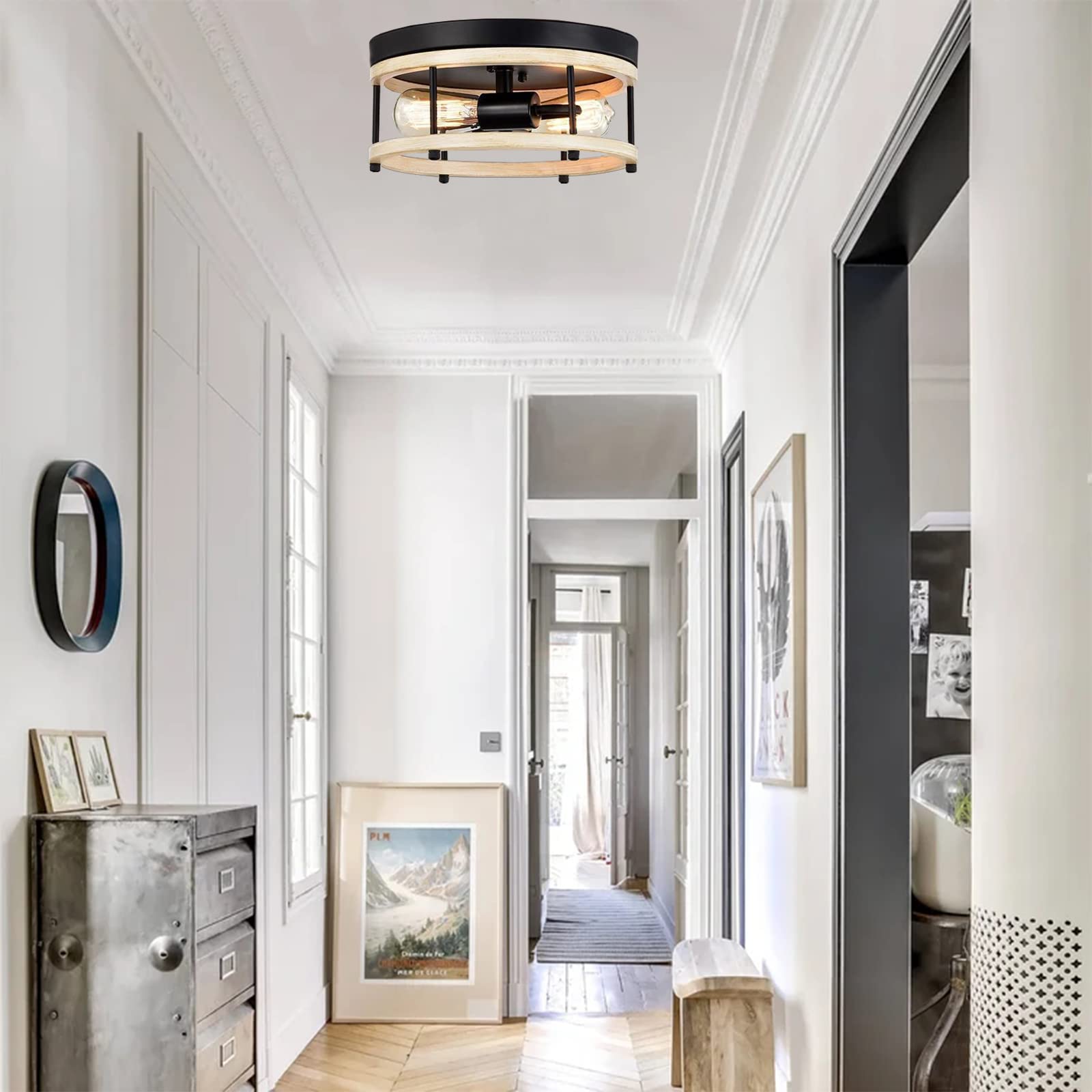 DESGNT Flush Mount Lighting Fixture,12.6" 2-Light Farmhouse Ceiling Light with Wooden Frame Black Finish,Hallway Light Fixtures Ceiling for Kitchen Entryway Dining Room Bedroom Foyer Corridor