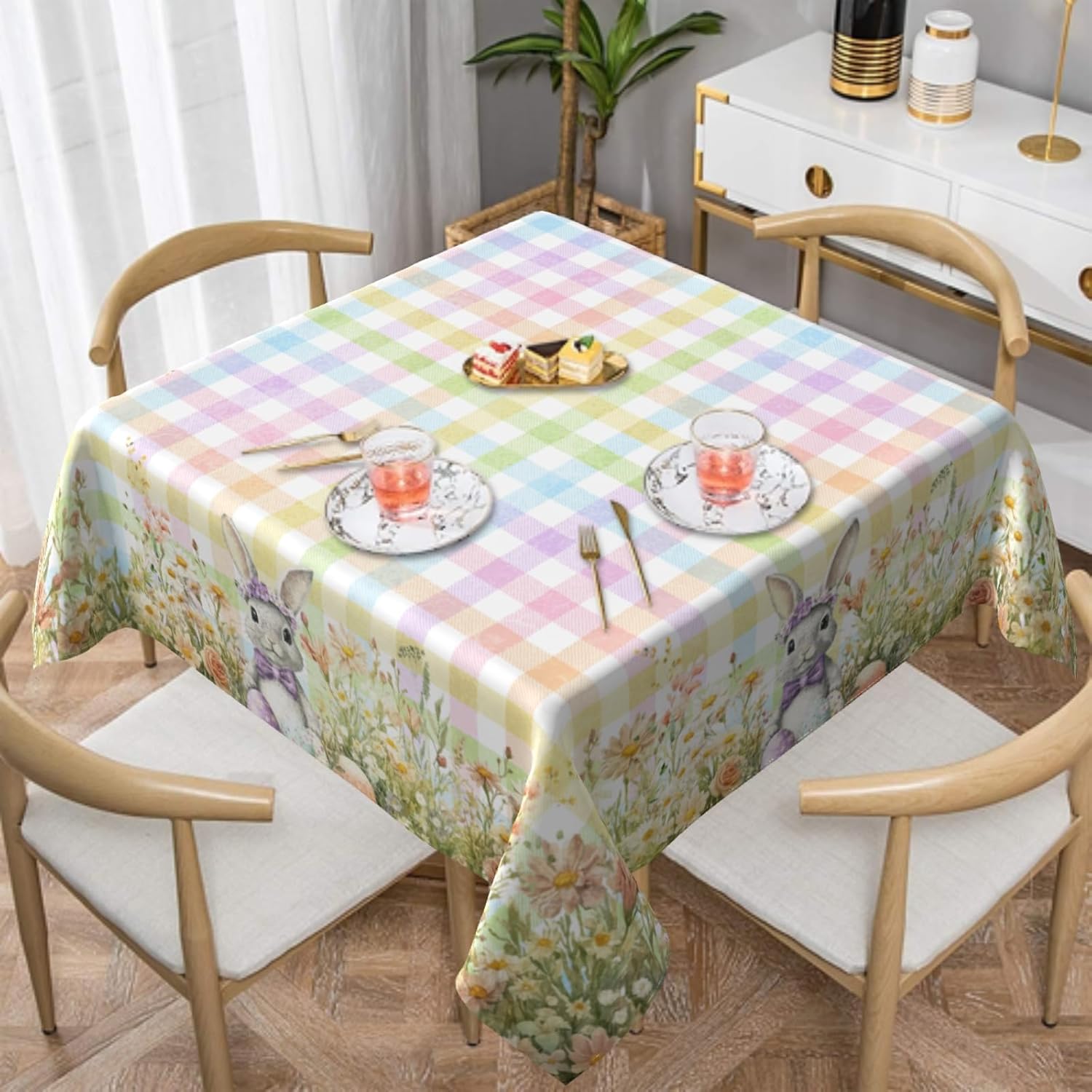 Easter Tablecloth Square 54×54 Inch Cute Bunny Colorful Plaid Table Cloth Water Resistant Fabric Table Covers for Kitchen Dining Party Home Decor