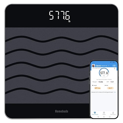 Homebuds Báscula digital de baño de 600 libras para peso corporal e IMC a través de la aplicación inteligente, alta precisión en 0.1 lb garantizada