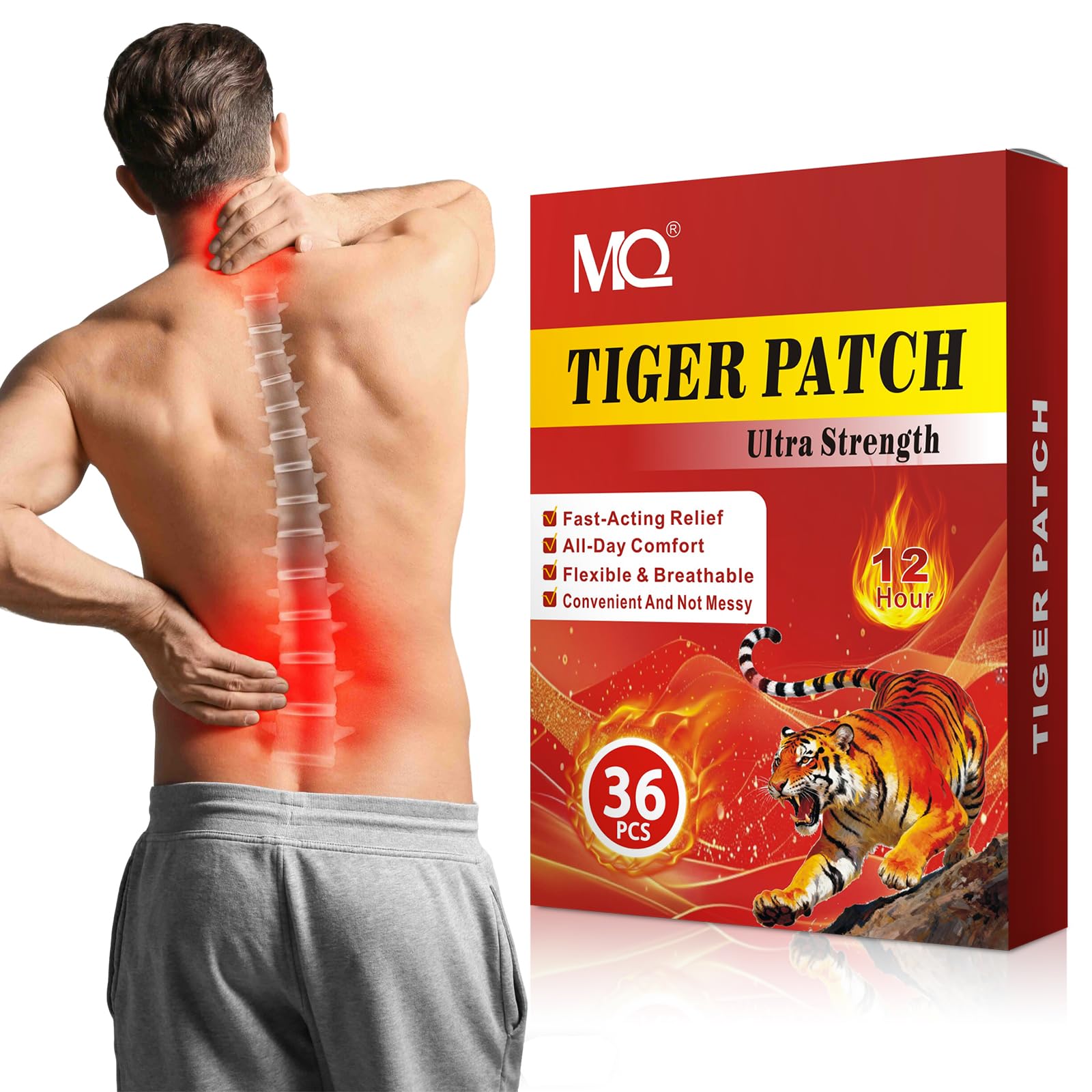 MQ Tiger Patches, 36Pcs Chinese Herbal Heating Patches Maximum Strength for Back, Knee & Shoulder, Large Ultra Strength Heat Plaster, 24H Soothing Warmth for Neck, Joints & Muscles