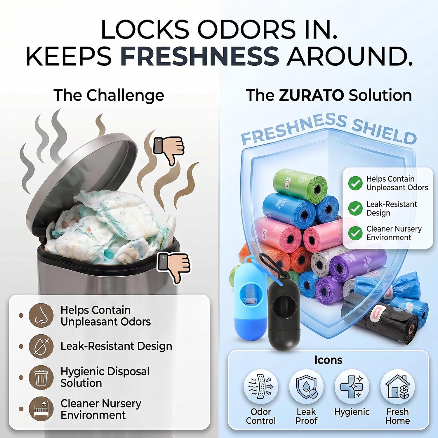 ZURATO Baby Diaper Disposable Bags with Dispenser, Waste Bags, Convenient and Quick Diaper Disposal, Unscented Leak & Odors Proof Diaper Trash Bags for Newborn Diapers (5 Roll + 1 Case)