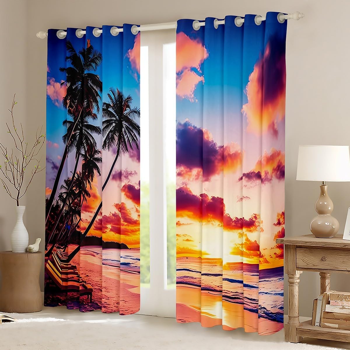 Erosebridal Tropical Curtains 52" Wx63 L, 2 Panels, Summer Beach Sunset Darkening Drapes Coastal Window Treatments Ocean Sea Theme Lightweight Living Room Bedroom Kitchen for Teens Girls Boys Adults