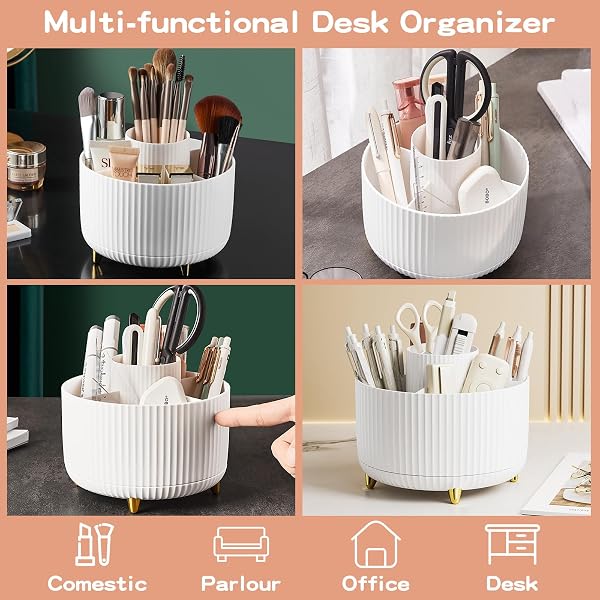 fanado 360° Rotating Makeup Organiser, Makeup Brush Holder, 5 Compartment Makeup and Skincare Storage for Vanity, Desktop, Bathroom (White) - 4