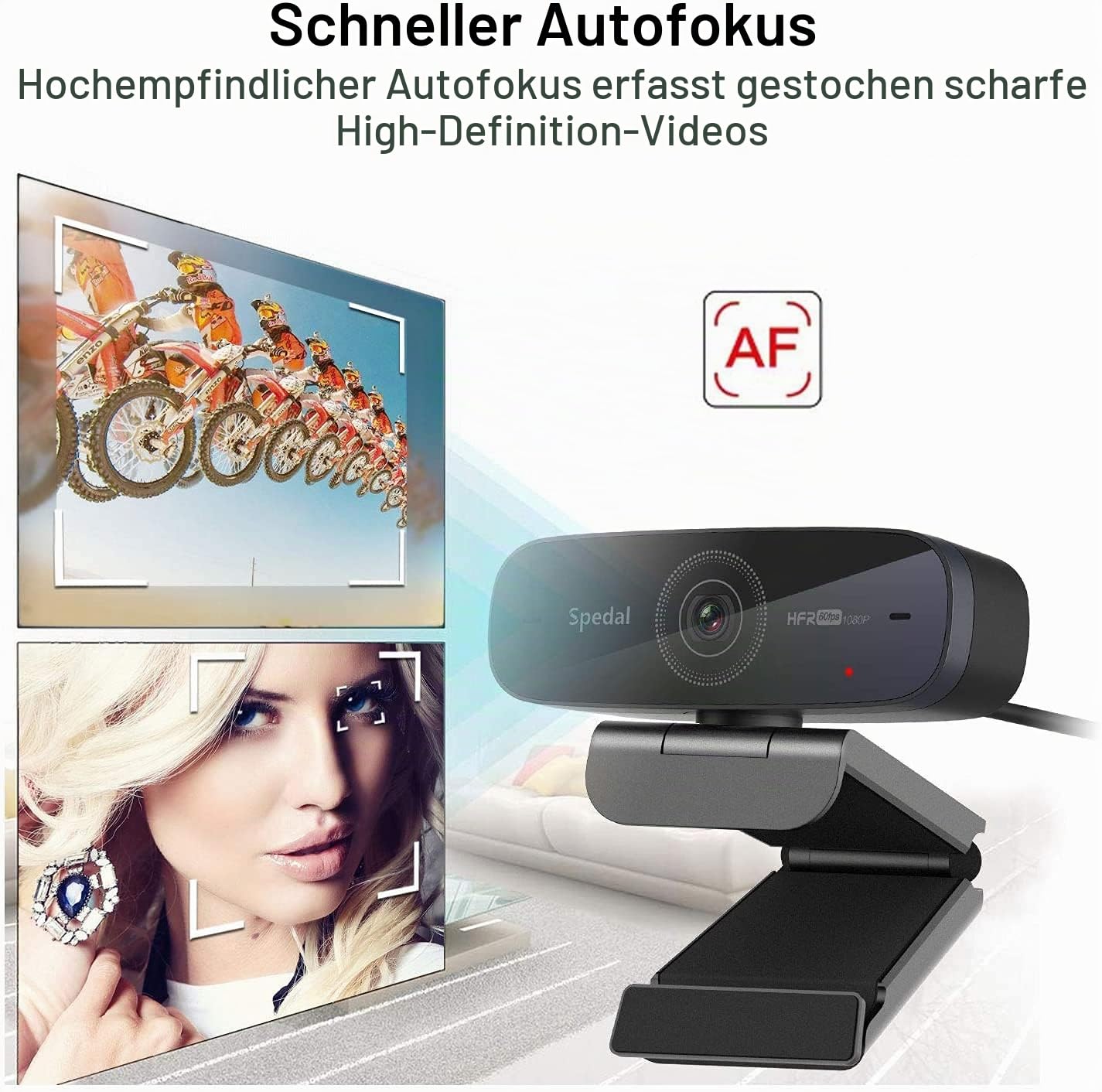 Spedal Webcam 1080P 60FPS mit Autofokus, PC Kamera mit Dual-Stereo-Mikrofon, Flüssiges Streaming USB Webkamera für Gaming, Home Office, OBS, Zoom & Teams