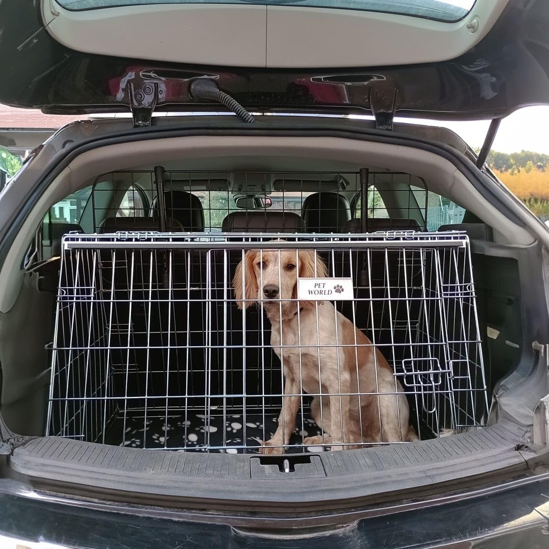 Pet World Medium 34" Sloped Car Dog Crate – Compatible with Vauxhall Astra GTC – UK Designed, Steel Travel Cage – Emergency Escape Hatch – Folds Flat – Free Comfort Mat – Easy Assembly