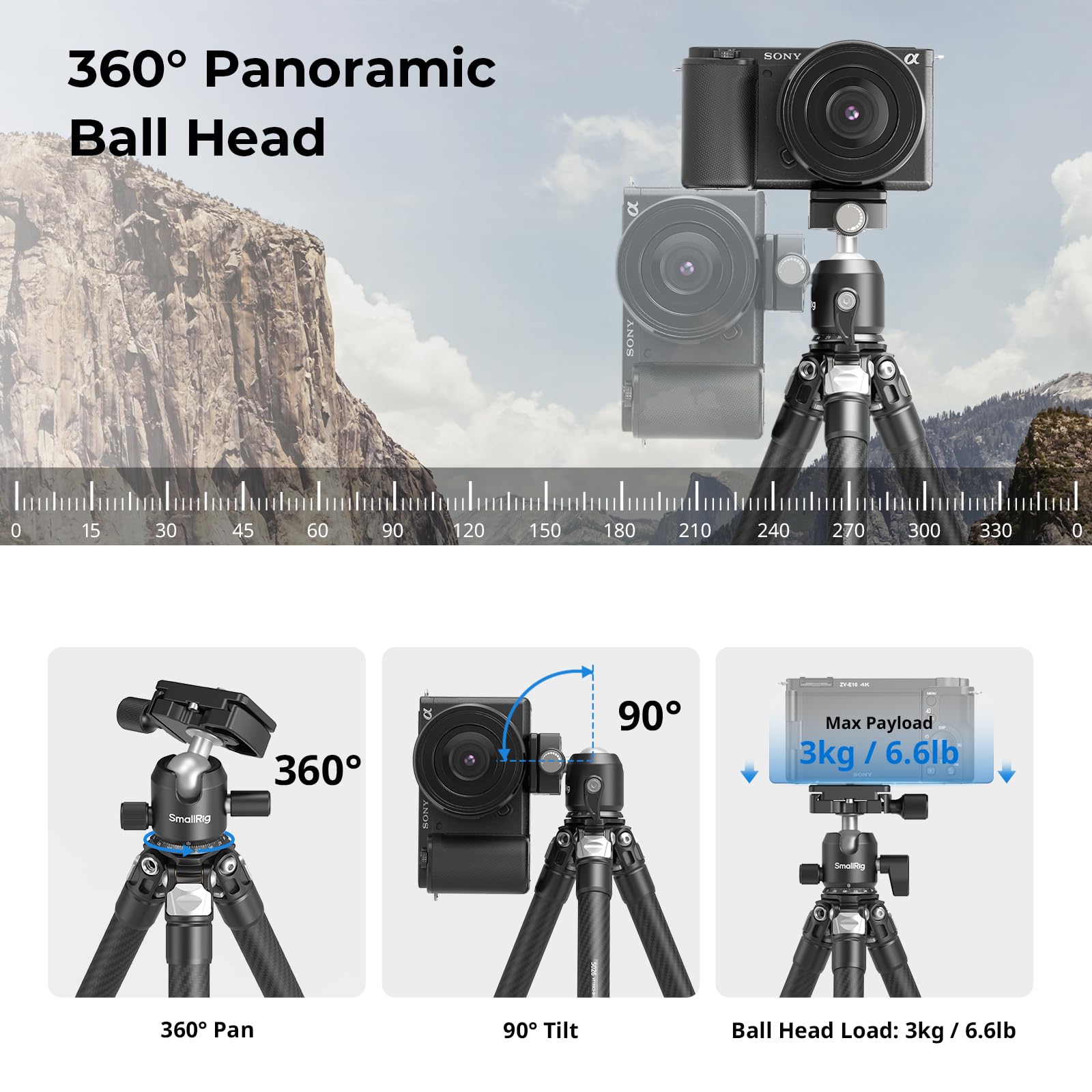SMALLRIG Mini Treppiede da Tavolo in Fibra di Carbonio, Kit Treppiede da 15,5'' / 39,5 cm con Testa a Sfera a 360°, Capacità della testa a Sfera 3 kg / 6,6 Libbre per Fotocamere, DSLR, Obiettivi
