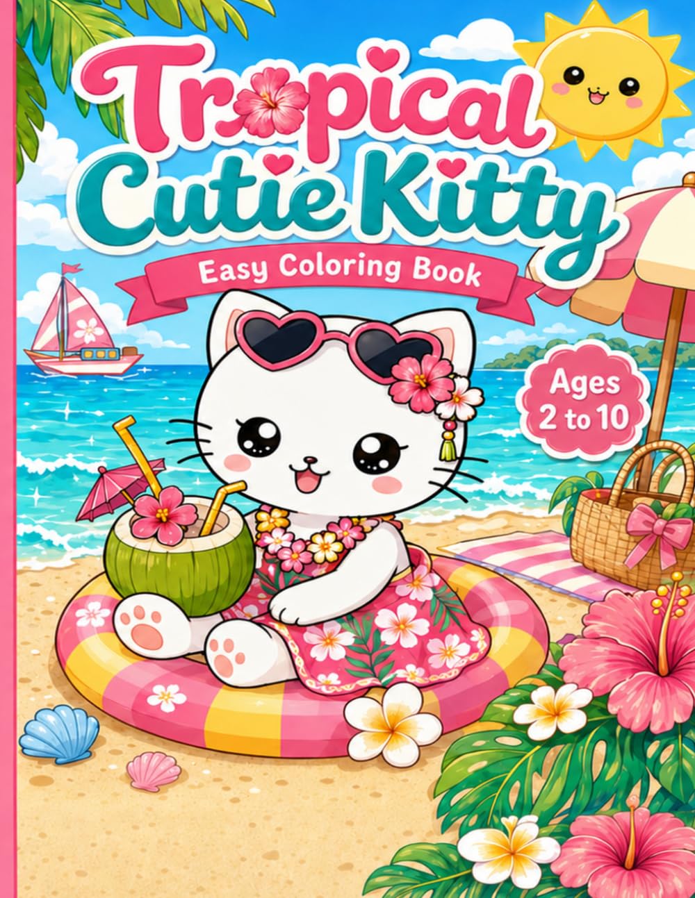 Tropical Cutie Kitty Easy Coloring Book: Cute Summer Cat Coloring Pages for Kids Ages 2–10 with Beaches, Ocean, Pool, Mermaid Cats, Shells and Tropical Fun