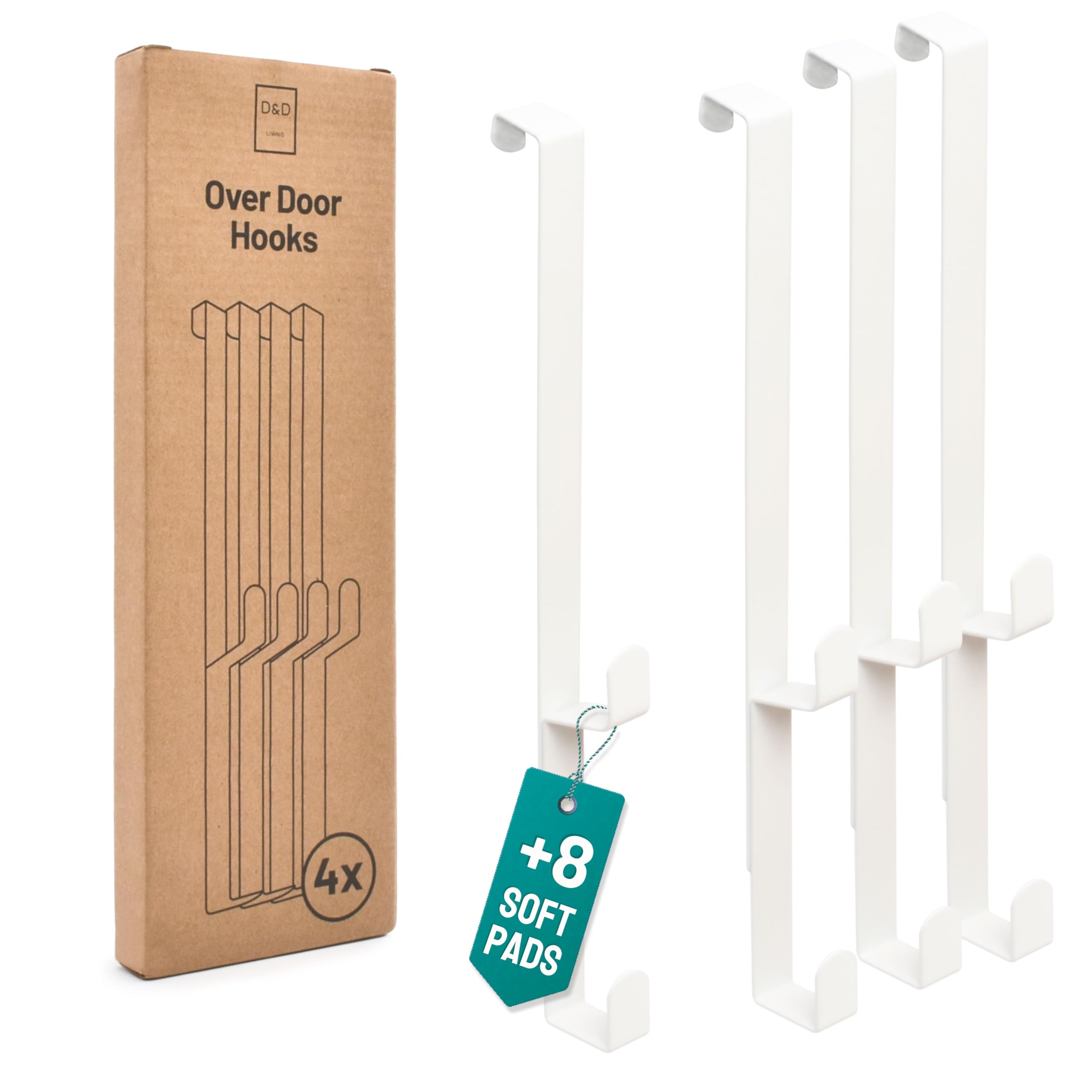 D&D Living® Ganchos para Puertas hasta 16 mm | 4x Ganchos Dobles para Perchero de Puerta | Gancho para Ropa para Puerta y Armario (Blanco)