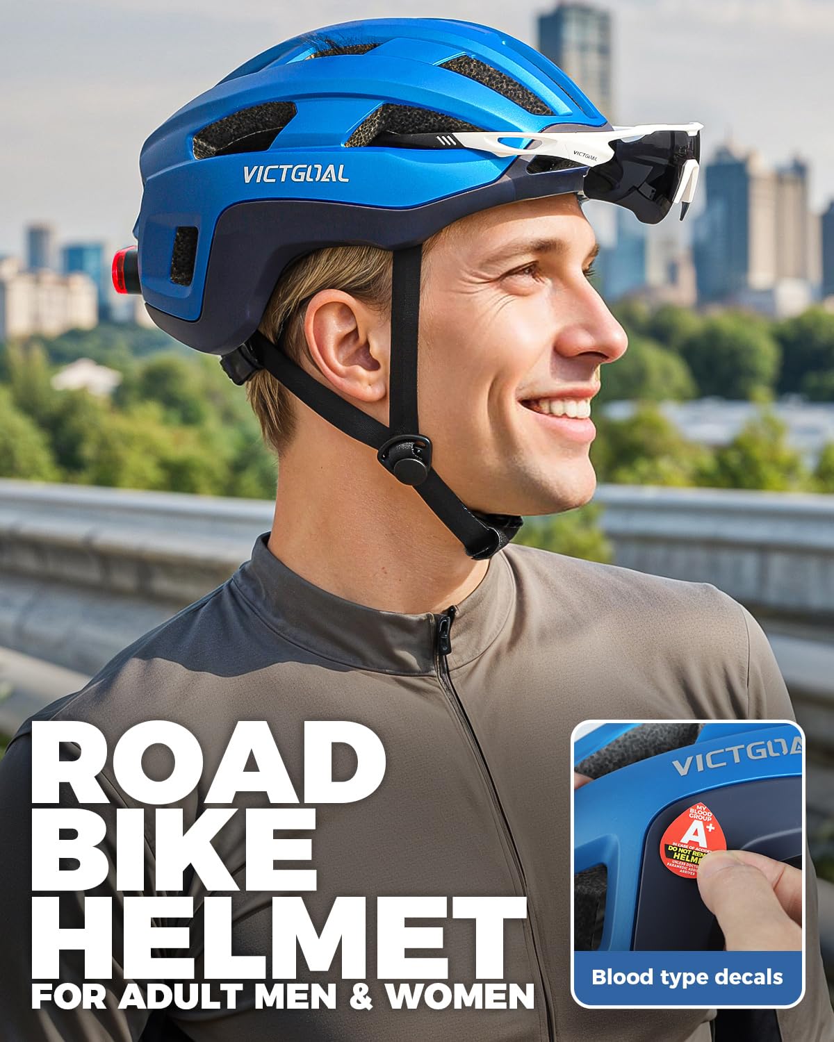 VICTGOAL Rennrad Helm Herren Damen mit Magnetischen Rücklicht, Magnetknöpfe | USB-C Rücklicht, Verstellbar, Atmungsaktiv, Leichtes, Brillenanschluss Design, 57-61 cm, Für Erwachsene Radfahren