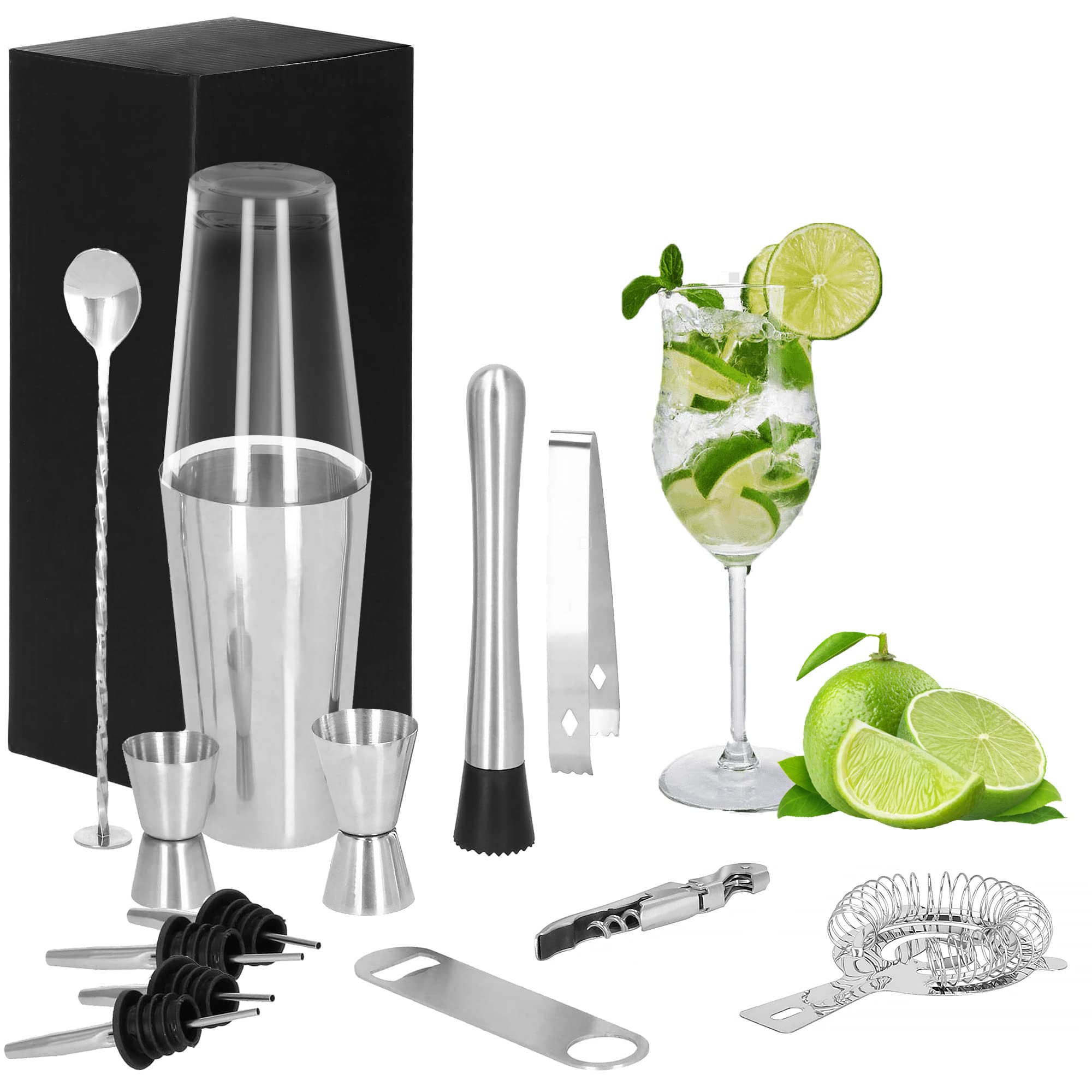 SPRINGOS Set shaker da cocktail in acciaio inox, 11 elementi, supporto in bambù