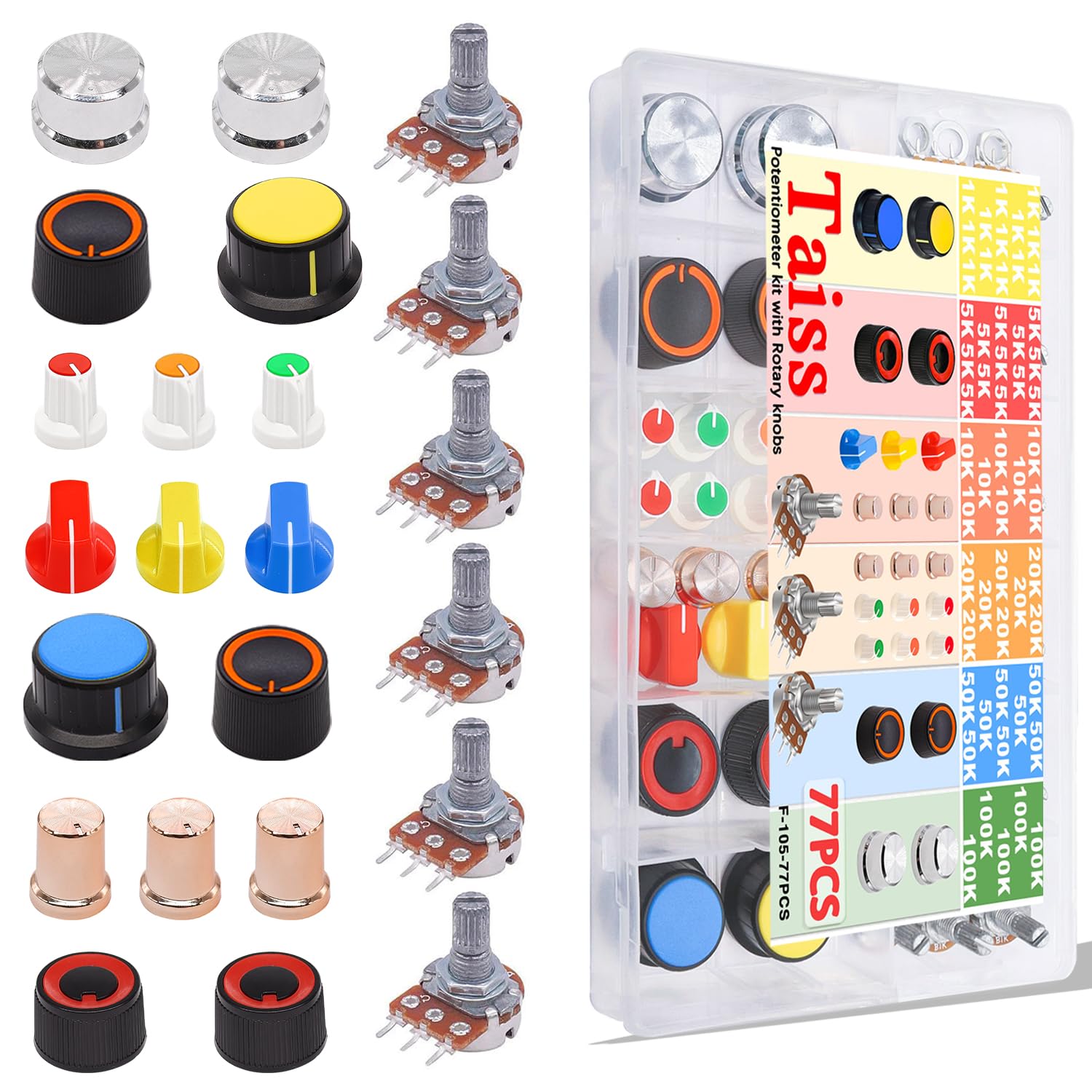 Taiss 77PCS Potentiometer kit with Rotary knobs,WH148 1K 5K 10K 20K 50K 100K Ohm Potentiometer Single Linear Rotary Audio B Type Variable Resistor